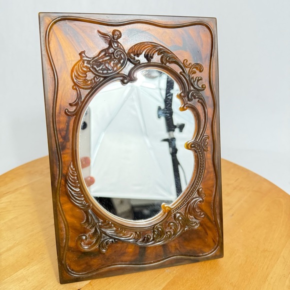 Art Nouveau Vintage Lucite Cherub Vanity Mirror Faux Marble Tortoiseshell Lucite - Picture 6 of 15